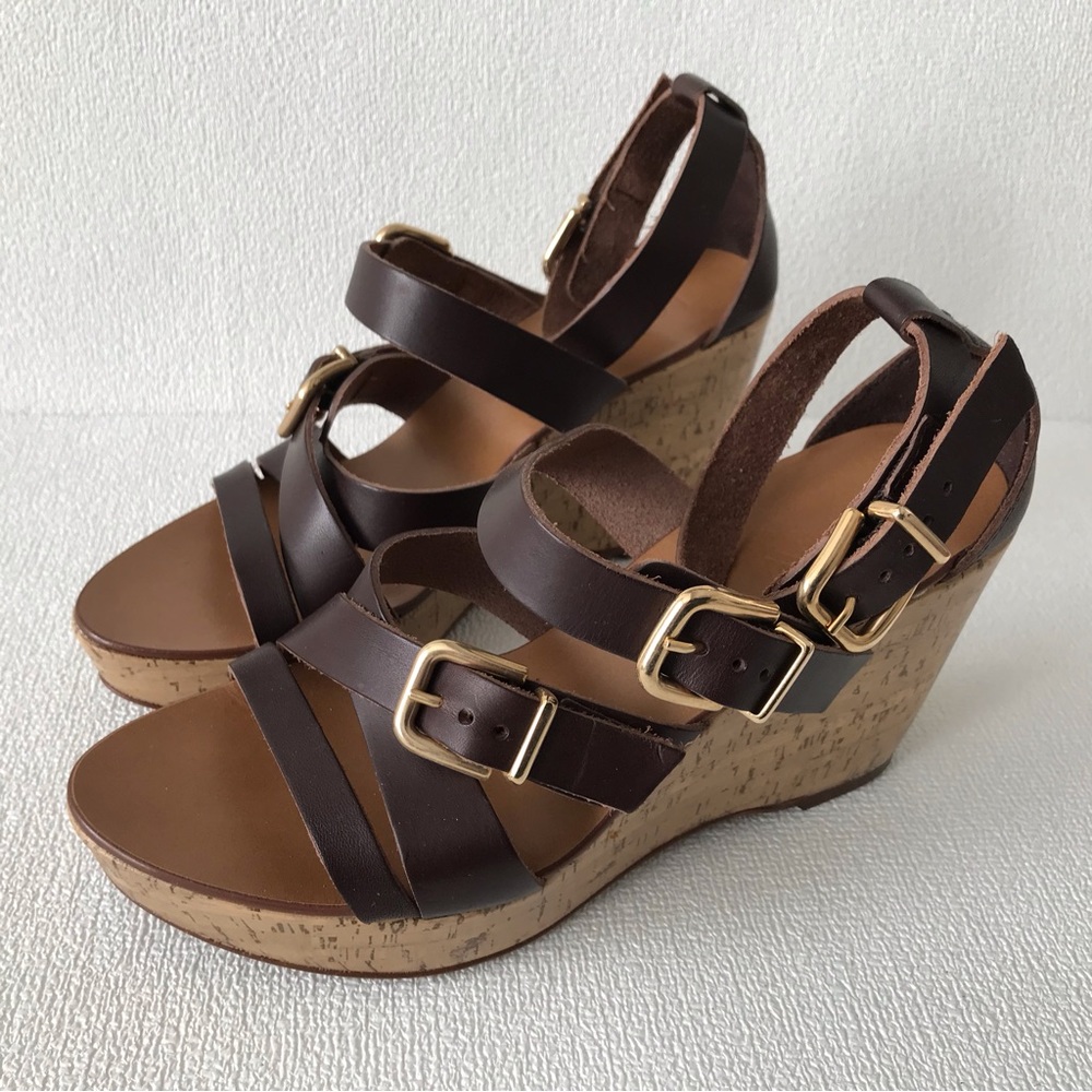 J Crew Sandals Womens Strappy Platform Wedge Brown Leather Made In Italy Heels 7